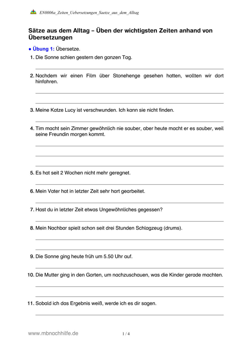 Englisch Arbeitsblatt: Zeiten im Alltag – Übersetzungsübungen zu allen Zeitformen