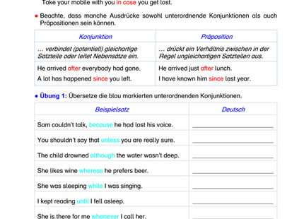 Englisch Arbeitsblatt: Unterordnende Konjunktionen – because, although, since & Co.