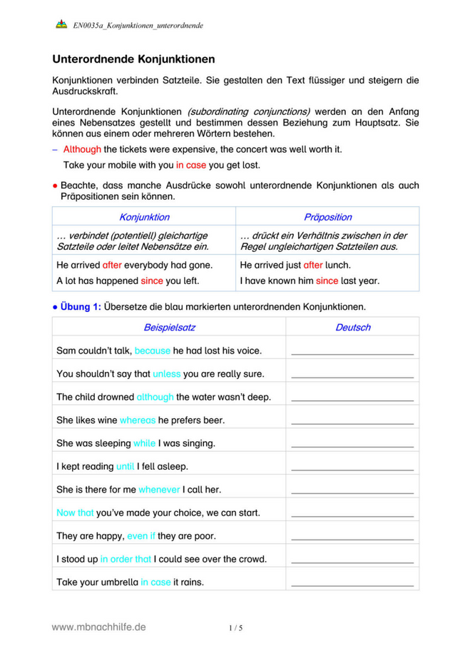 Englisch Arbeitsblatt: Unterordnende Konjunktionen – because, although, since & Co.