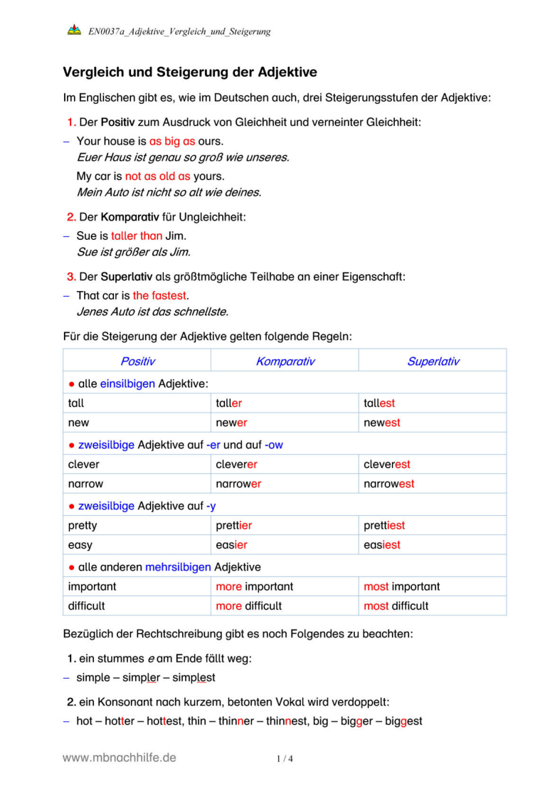Englisch Arbeitsblatt: Steigerung von Adjektiven – as...as, Komparativ & Superlativ