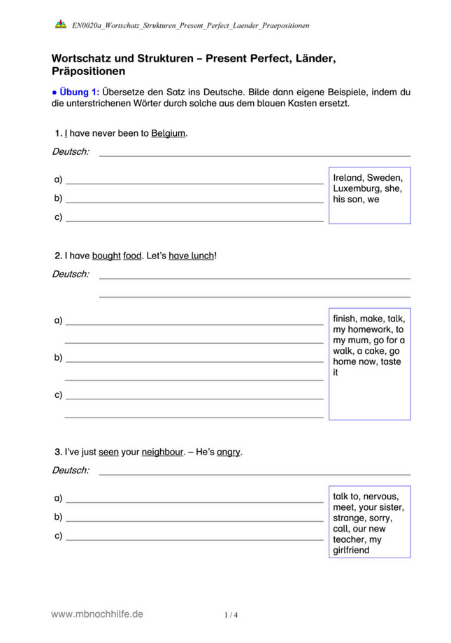 Englisch Arbeitsblatt: Present Perfect, Länder & Präpositionen – Satztraining & Übersetzungen