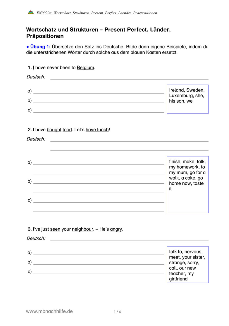 Englisch Arbeitsblatt: Present Perfect, Länder & Präpositionen – Satztraining & Übersetzungen