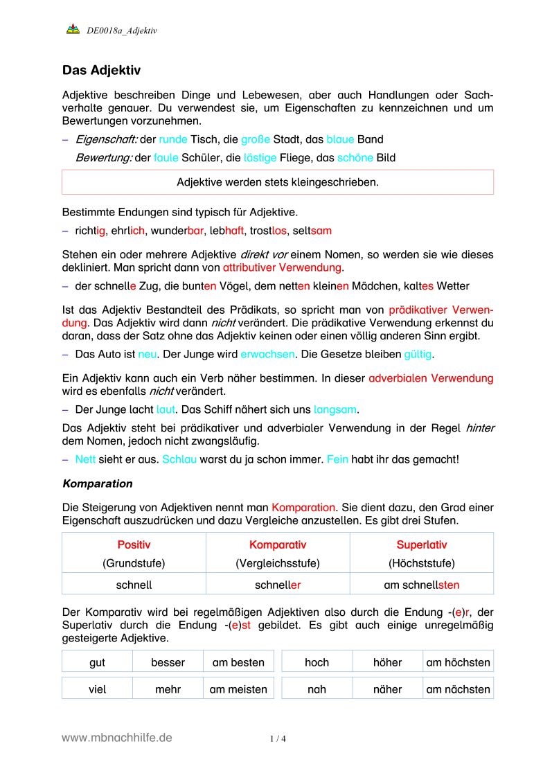Deutsch Arbeitsblatt: Das Adjektiv – Verwendung, Steigerung & Übungen