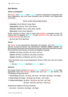 Arbeitsblatt: Das Nomen – Artikel, Kasus, Plural und Übungen