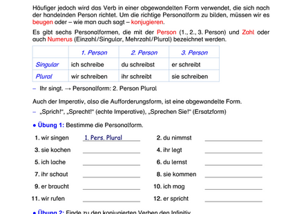 Deutsch Arbeitsblatt: Die Personalform des Verbs – Erkennen, Bilden, Üben