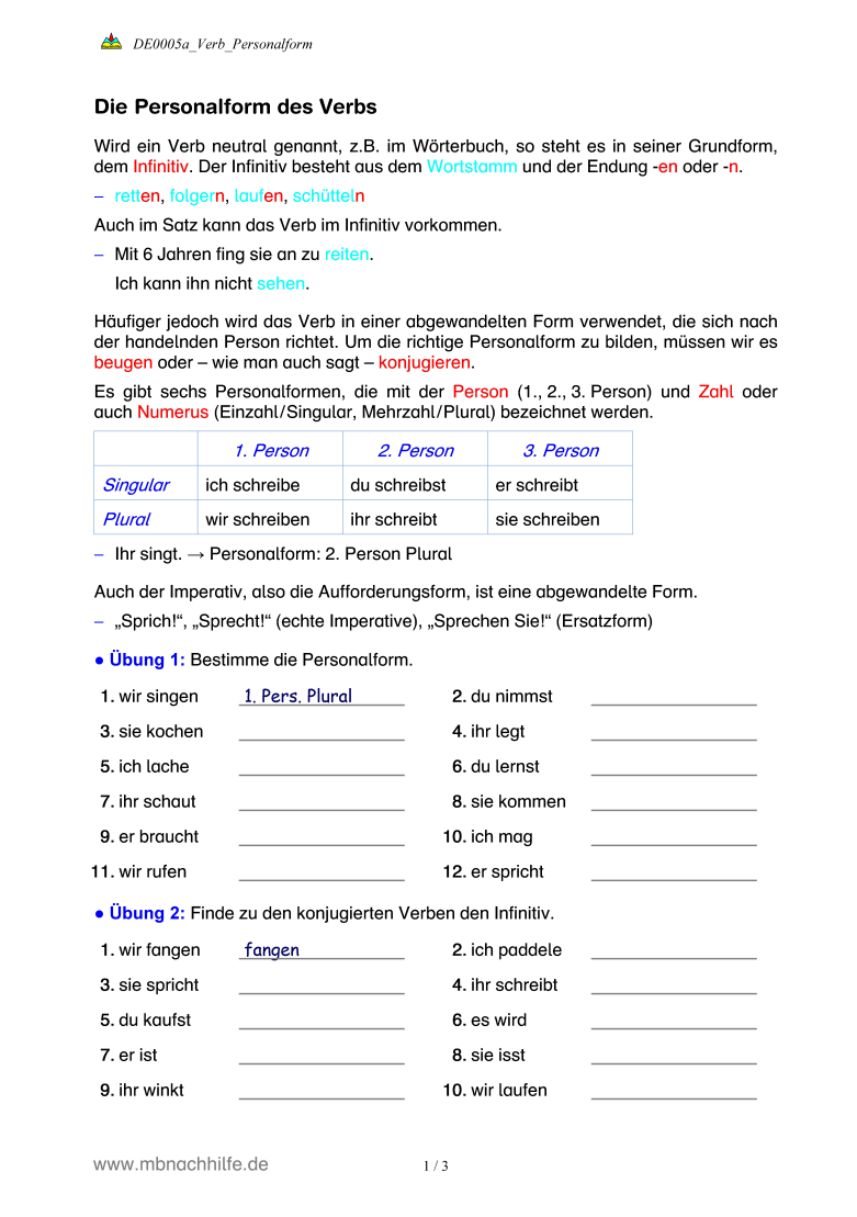 Deutsch Arbeitsblatt: Die Personalform des Verbs – Erkennen, Bilden, Üben