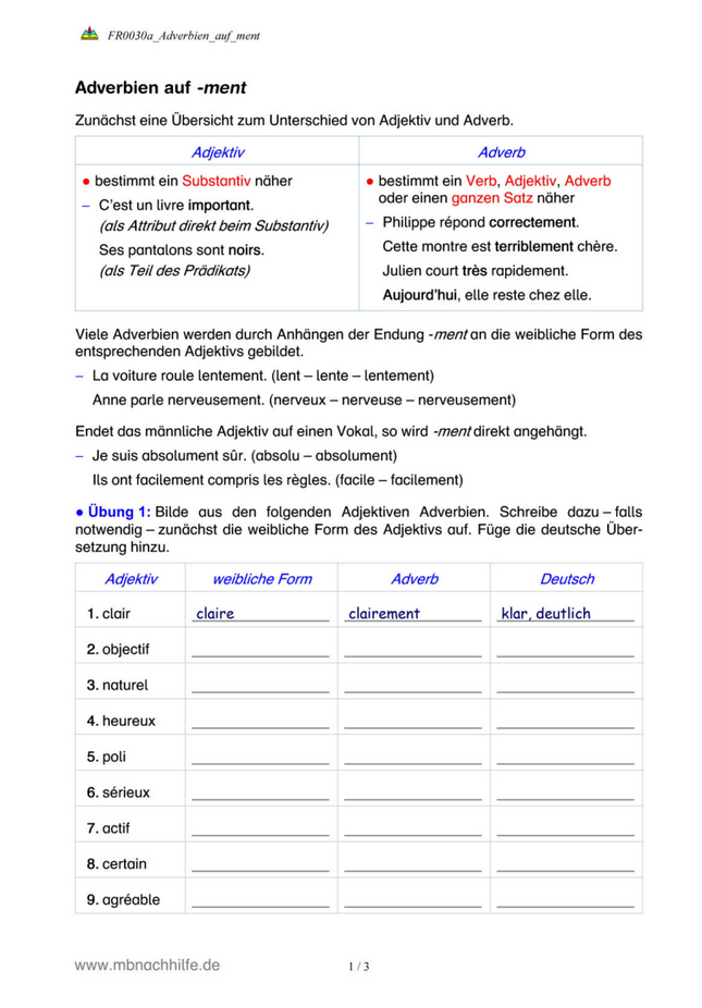 Französisch Arbeitsblatt: Adverbien auf -ment im Französischen – Bildung & Übungen