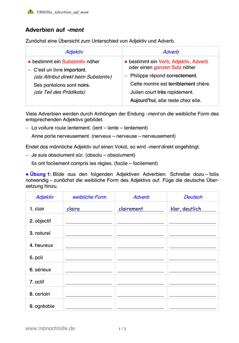 Französisch Arbeitsblatt: Adverbien auf -ment im Französischen – Bildung & Übungen