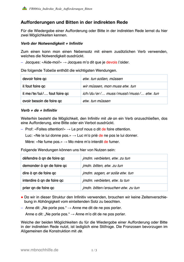Französisch Arbeitsblatt: Indirekte Rede bei Aufforderungen & Bitten