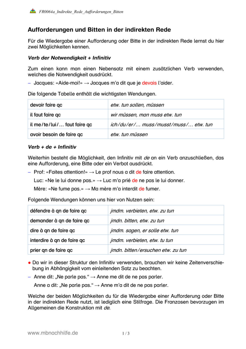 Französisch Arbeitsblatt: Indirekte Rede bei Aufforderungen & Bitten