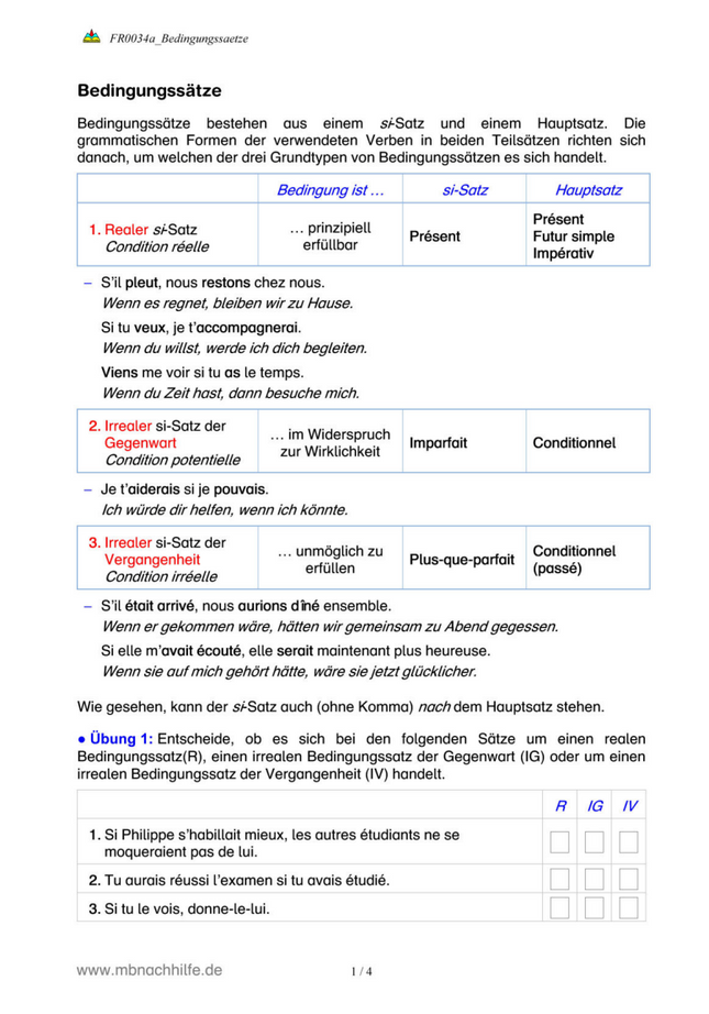 Französisch Arbeitsblatt: Bedingungssätze – Reale & irreale si-Sätze