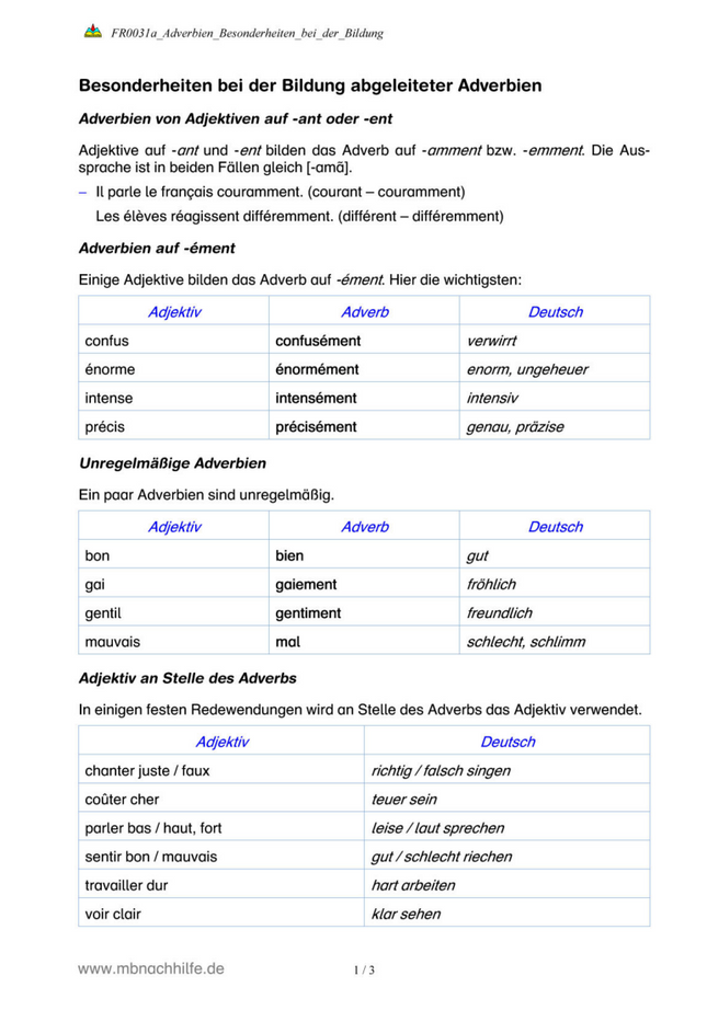 Französisch Arbeitsblatt: Adverbien – Sonderformen & feste Wendungen