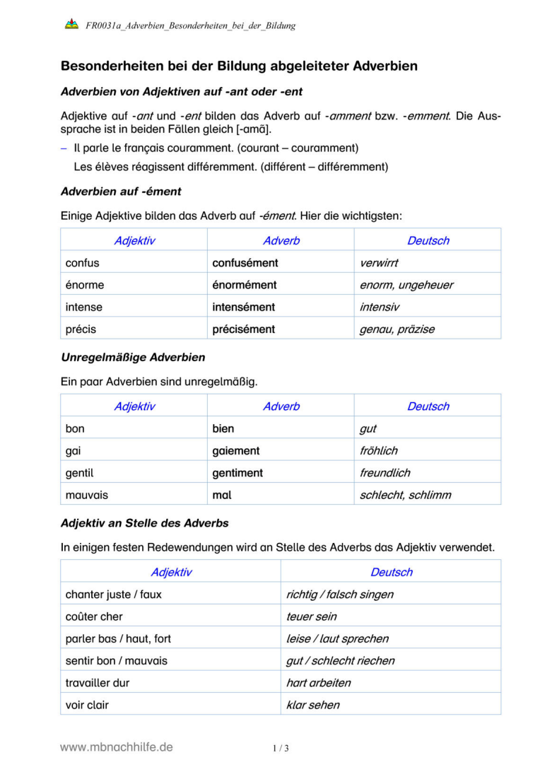 Französisch Arbeitsblatt: Adverbien – Sonderformen & feste Wendungen