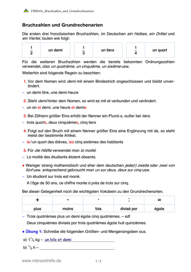 Französisch Arbeitsblatt: Bruchzahlen & Grundrechenarten