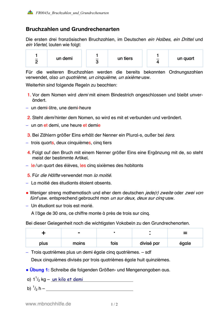 Französisch Arbeitsblatt: Bruchzahlen & Grundrechenarten