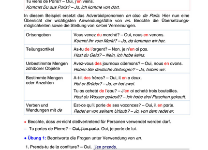 Französisch Arbeitsblatt: Das Adverbialpronomen en – Regeln & Übungen
