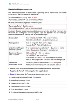 Französisch Arbeitsblatt: Das Adverbialpronomen en – Regeln & Übungen