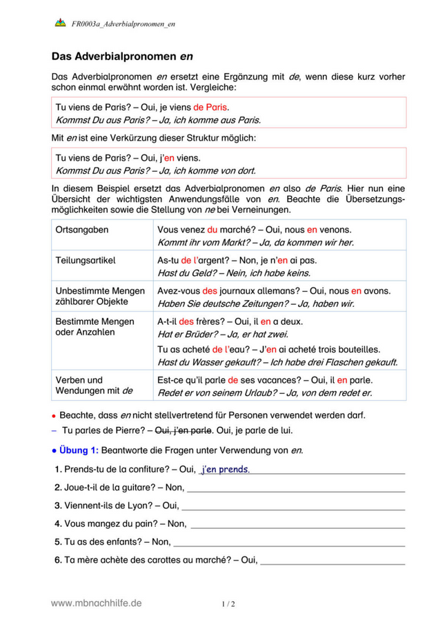 Französisch Arbeitsblatt: Das Adverbialpronomen en – Regeln & Übungen
