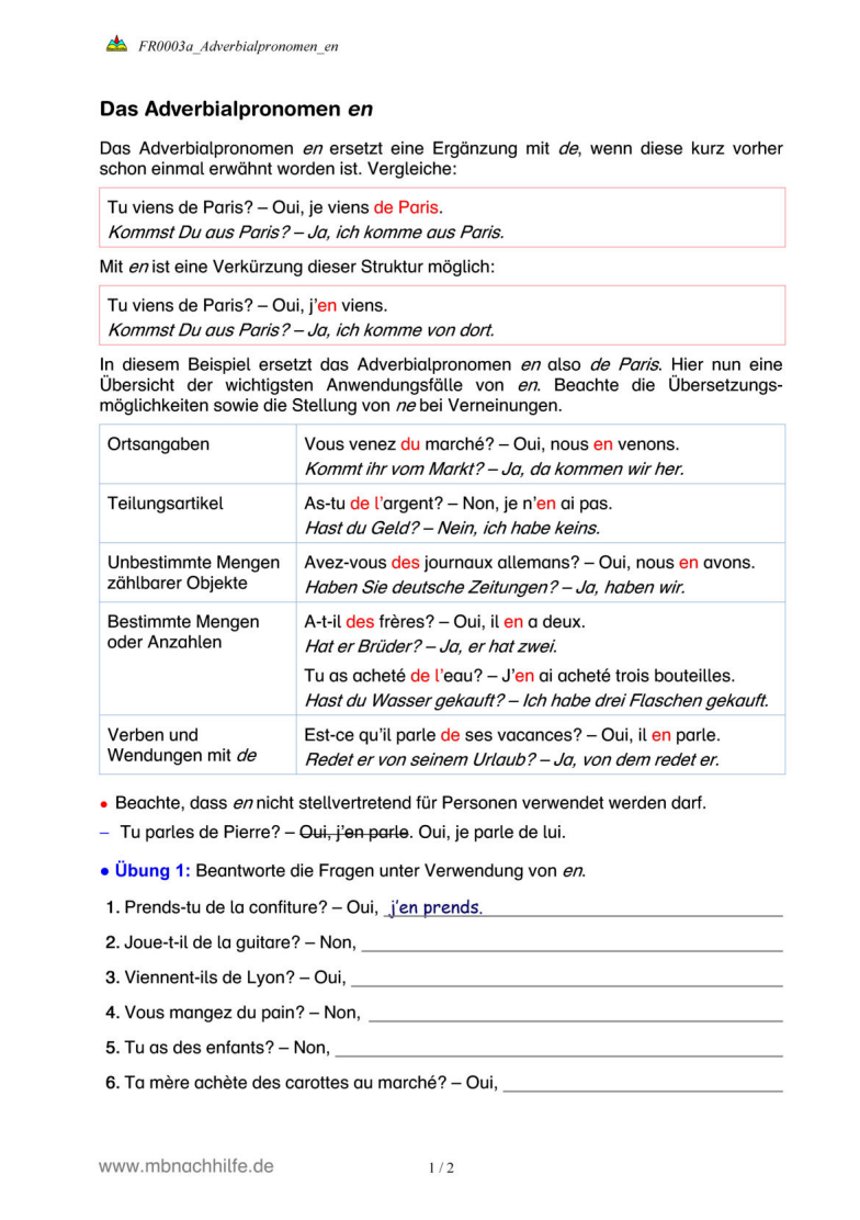 Französisch Arbeitsblatt: Das Adverbialpronomen en – Regeln & Übungen