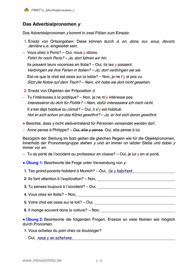 Französisch Arbeitsblatt: Das Adverbialpronomen y – Regeln & Übungen