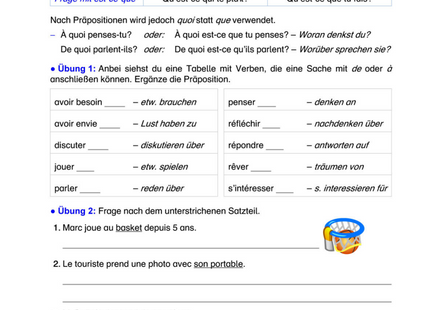 Französisch Arbeitsblatt: Fragepronomen quoi mit Präpositionen