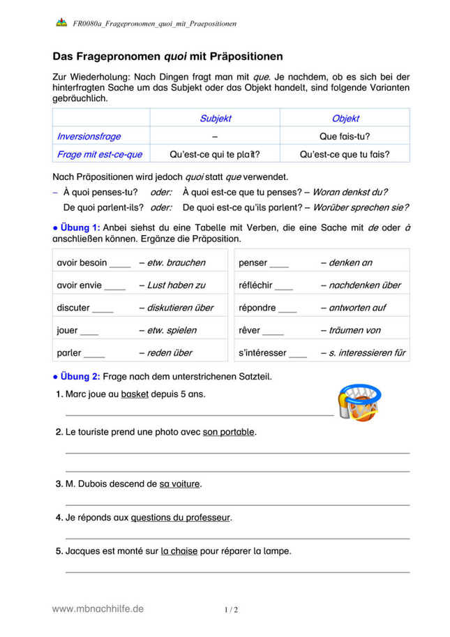 Französisch Arbeitsblatt: Fragepronomen quoi mit Präpositionen
