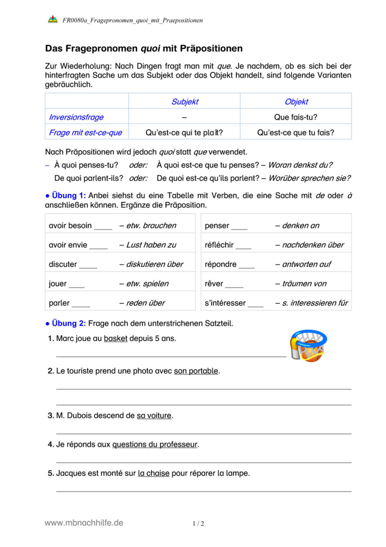 Französisch Arbeitsblatt: Fragepronomen quoi mit Präpositionen