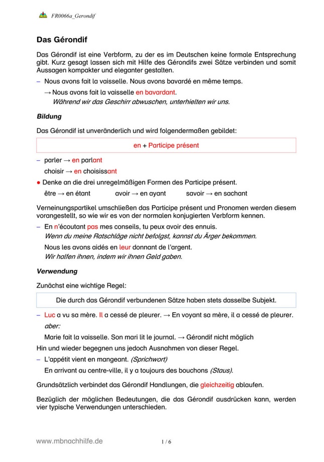 Französisch Arbeitsblatt: Der Gérondif – Bildung, Bedeutung & Übungen