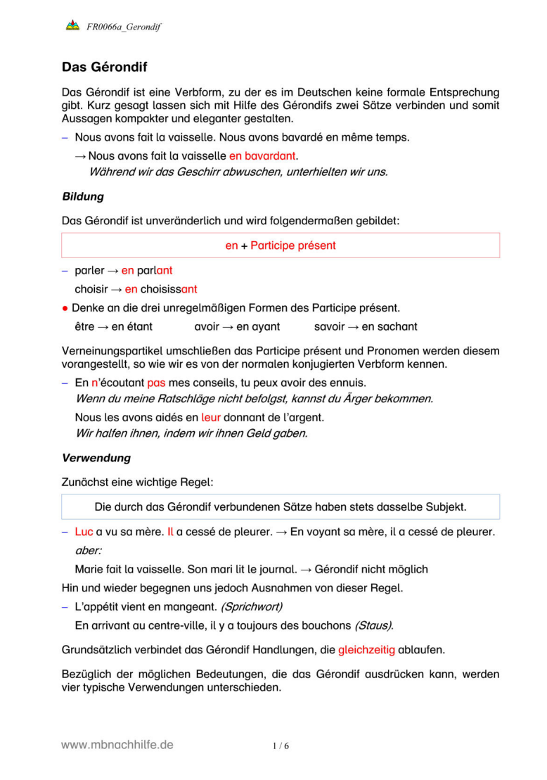 Französisch Arbeitsblatt: Der Gérondif – Bildung, Bedeutung & Übungen