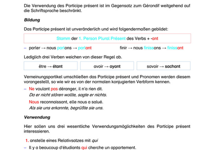 Französisch Arbeitsblatt: Participe présent – Bildung, Gebrauch & Übungen