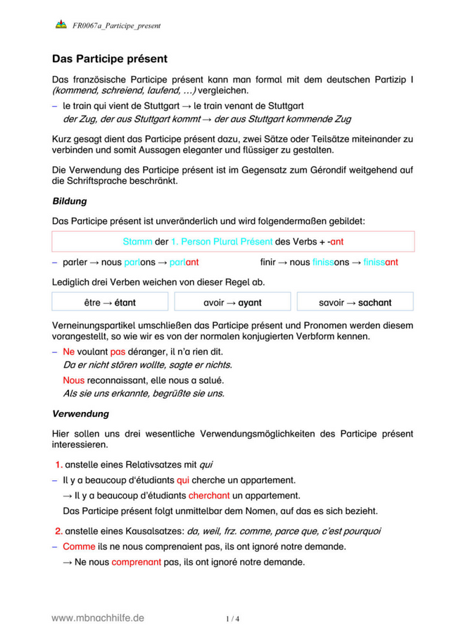 Französisch Arbeitsblatt: Participe présent – Bildung, Gebrauch & Übungen