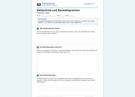 Zählprinzip und Baumdiagramme – kostenloses Mathe-Arbeitsblatt mit Lösungen (PDF) – Vorschau