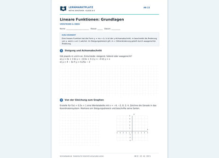 Lineare Funktionen: Grundlagen – kostenloses Mathe-Arbeitsblatt mit Lösungen (PDF) – Vorschau der ersten Arbeitsseite
