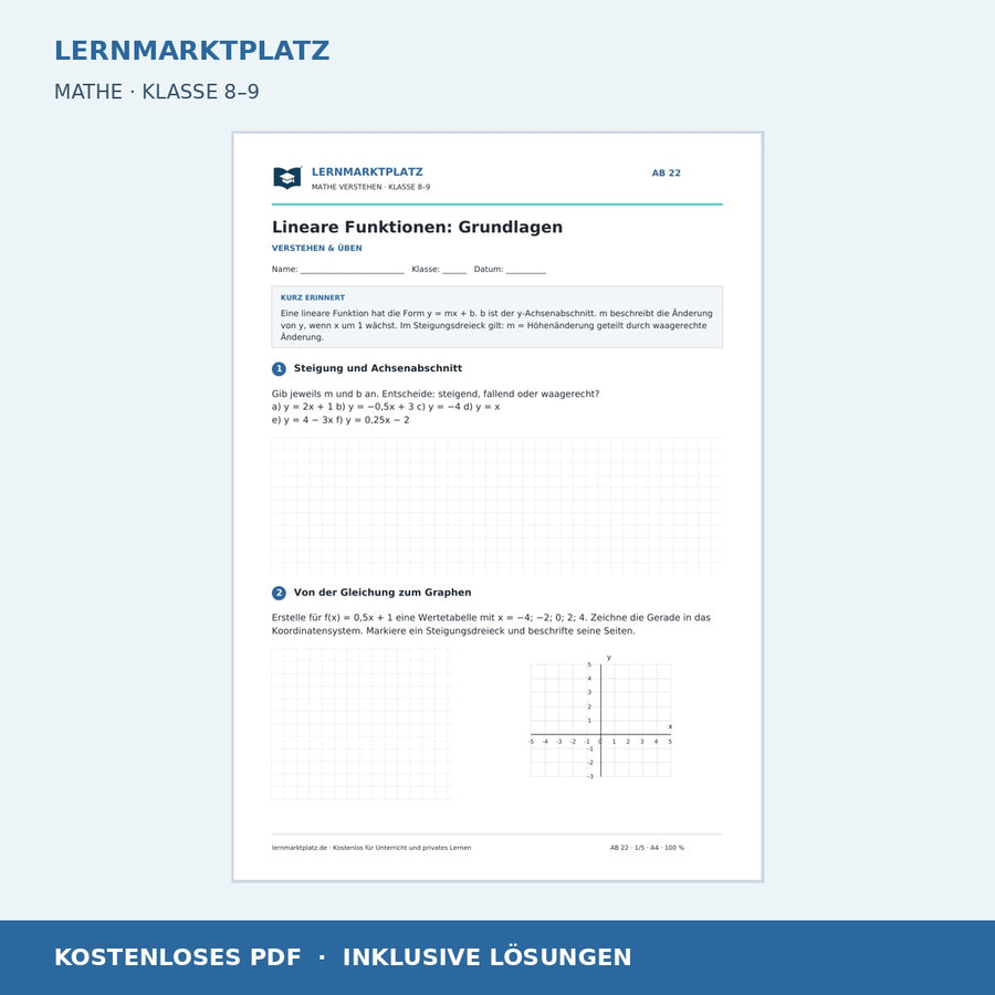 Lineare Funktionen: Grundlagen – kostenloses Mathe-Arbeitsblatt mit Lösungen (PDF) – Vorschau der ersten Arbeitsseite
