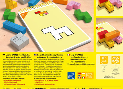 HABA Logic! GAMES – Freddy & Co. – Verpackungsrückseite mit Materialübersicht und Sicherheitshinweisen