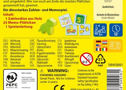 HABA Zahlendino – Zahlen und Mengen von 1 bis 10 – Verpackungsrückseite mit Spielinhalt und Sicherheitshinweisen