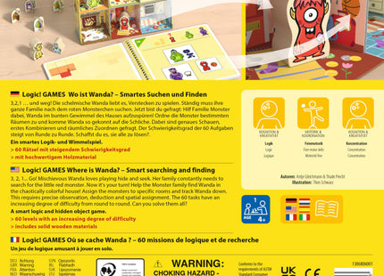 HABA Logic! GAMES – Wo ist Wanda? – Verpackungsrückseite mit Spielablauf und Sicherheitshinweisen
