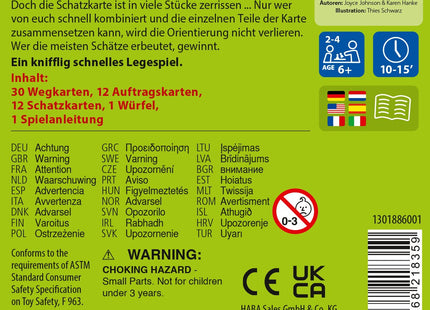 HABA Logik-Labyrinth – Wege legen und Schätze finden – Verpackungsrückseite mit Inhalt und Spielangaben
