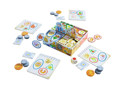 HABA Meine ersten Spiele – Einkaufen – Marktstand mit Warenplättchen, Einkaufslisten und Holz-Münzen