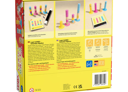 HABA Logic! GAMES – Amandas Alpakas – Verpackungsrückseite mit Beispielaufbau und Spielinformationen