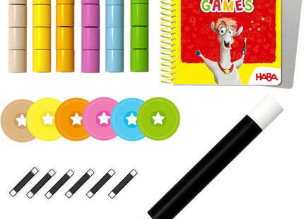 HABA Logic! GAMES – Amandas Alpakas – Spielmaterial mit Holzzylindern, Zielfeldern und Zauberstab