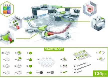GraviTrax Starter-Set: Rückseite mit Bauteilen und Beispielbahn