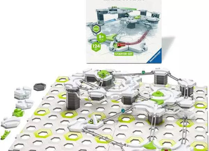 GraviTrax Starter-Set: aufgebaute Kugelbahn mit Verpackung