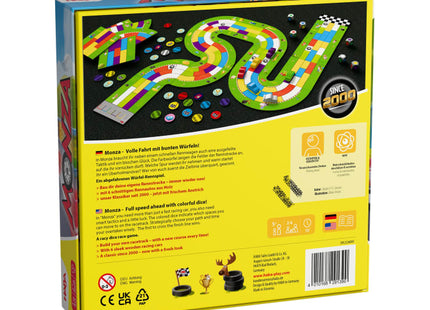 HABA Monza – Autorennspiel mit variabler Rennstrecke – Verpackungsrückseite mit variabler Rennstrecke und Spielmaterial