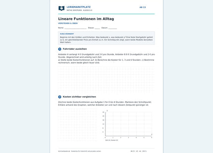 Lineare Funktionen im Alltag – kostenloses Mathe-Arbeitsblatt mit Lösungen (PDF) – Vorschau der ersten Arbeitsseite