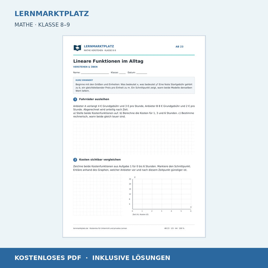 Lineare Funktionen im Alltag – kostenloses Mathe-Arbeitsblatt mit Lösungen (PDF) – Vorschau der ersten Arbeitsseite