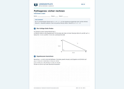 Pythagoras: sicher rechnen – kostenloses Mathe-Arbeitsblatt mit Lösungen (PDF) – Vorschau der ersten Arbeitsseite