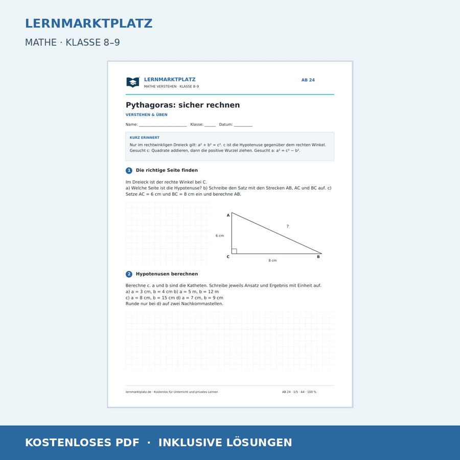 Pythagoras: sicher rechnen – kostenloses Mathe-Arbeitsblatt mit Lösungen (PDF) – Vorschau der ersten Arbeitsseite
