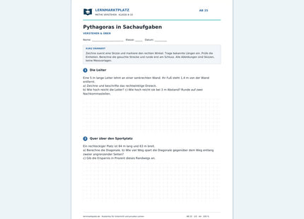 Pythagoras in Sachaufgaben – kostenloses Mathe-Arbeitsblatt mit Lösungen (PDF) – Vorschau der ersten Arbeitsseite