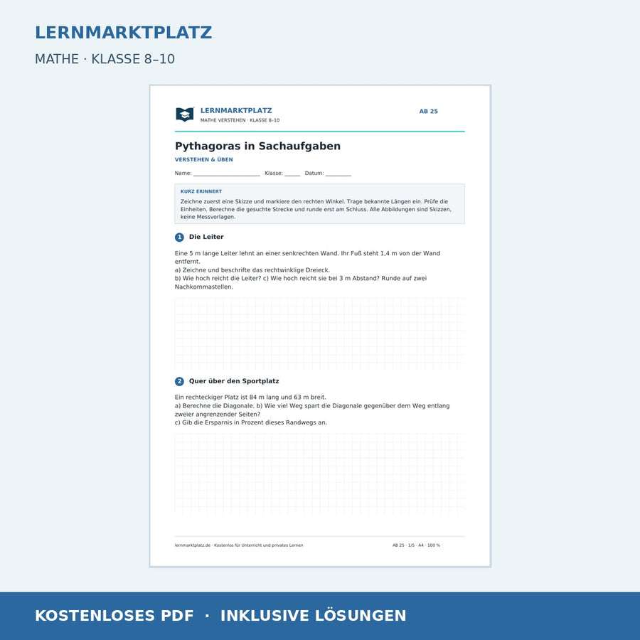 Pythagoras in Sachaufgaben – kostenloses Mathe-Arbeitsblatt mit Lösungen (PDF) – Vorschau der ersten Arbeitsseite